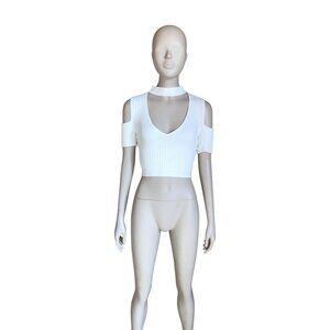 BCBGMaxazria White Ribbed Cutout Crop Top